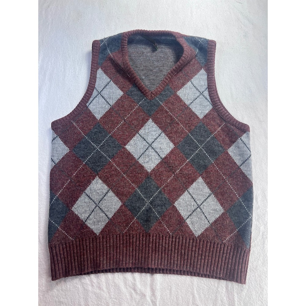 Turnbury Hampton Mens Argyle Sweater Vest Burgundy Grey V-Neck Made in USA